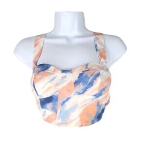 CIDER Crop Top XS Ivory Peach Blue Straps Smocked Back Polyester NWT 20-422